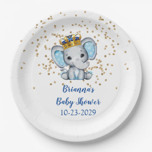 Plato De Papel Príncipe Real Azul Dorado Elefante Niño Baby Showe