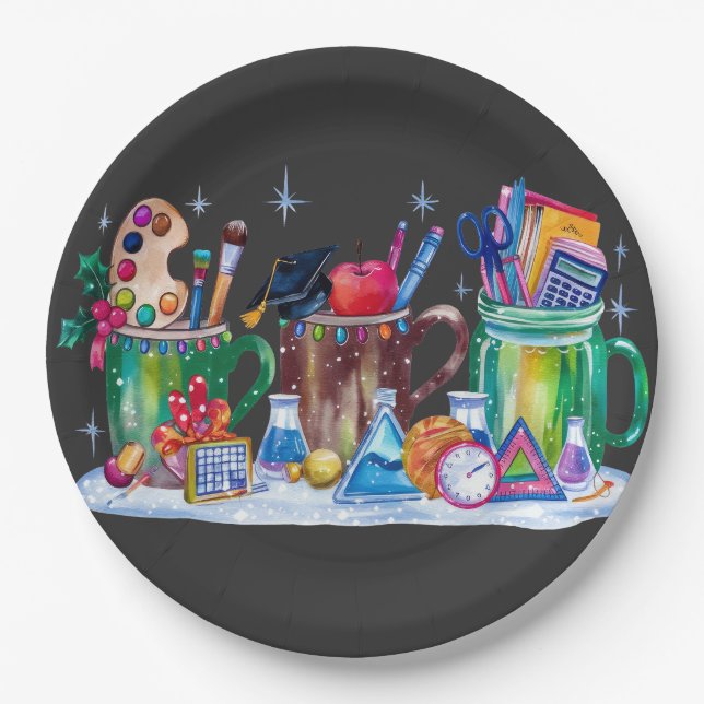 Plato De Papel Profesor Navidad | Taza Alegre Profesor (Anverso)