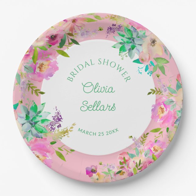 Plato De Papel Profusión floral brillante ducha de novia (Anverso)