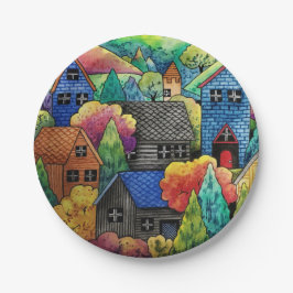 Plato De Papel Pueblo Acuarela De La Colina Con Casas Coloridas