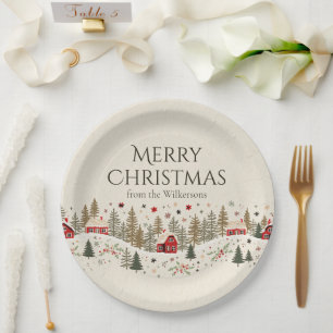 Plato De Papel Pueblo de invierno vintage Navidades Arte popular