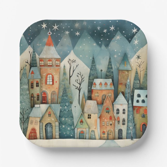 Plato De Papel Pueblo de Navidad (Anverso)