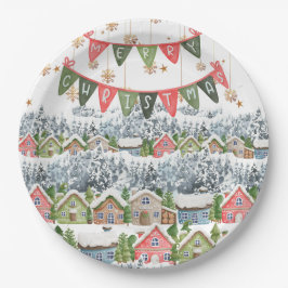 Plato De Papel Pueblo de Navidades de nieve