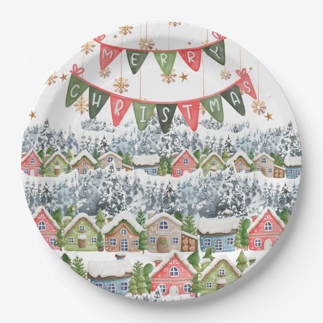 Plato De Papel Pueblo de Navidades de nieve (Anverso)