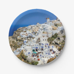 Plato De Papel Pueblo de Oia en la isla de Santorini, del norte,