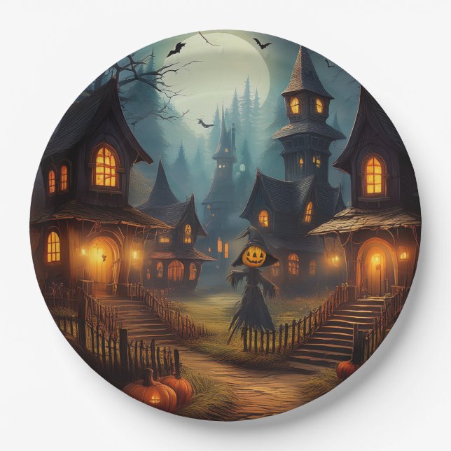 Plato De Papel Pueblo espeluznante de Halloween con espantapájaro (Anverso)