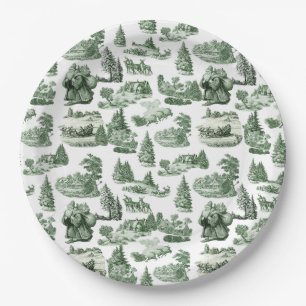 Plato De Papel Pueblo navideño de toile verde Santa Reno 