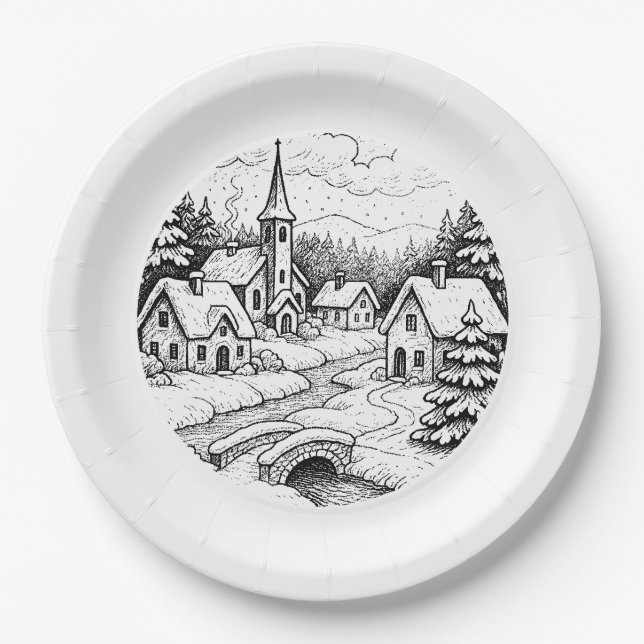 Plato De Papel Pueblo Navideño en Invierno (Anverso)