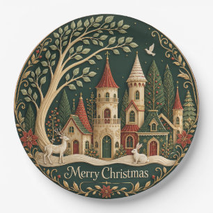 Plato De Papel Pueblo Navideño Encantado en el Bosque de Siemprev