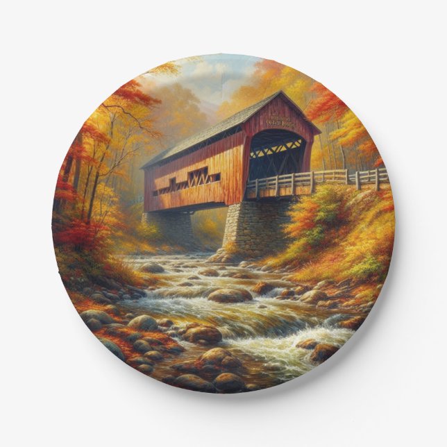 Plato De Papel puente clásico cubierto de otoño (Anverso)