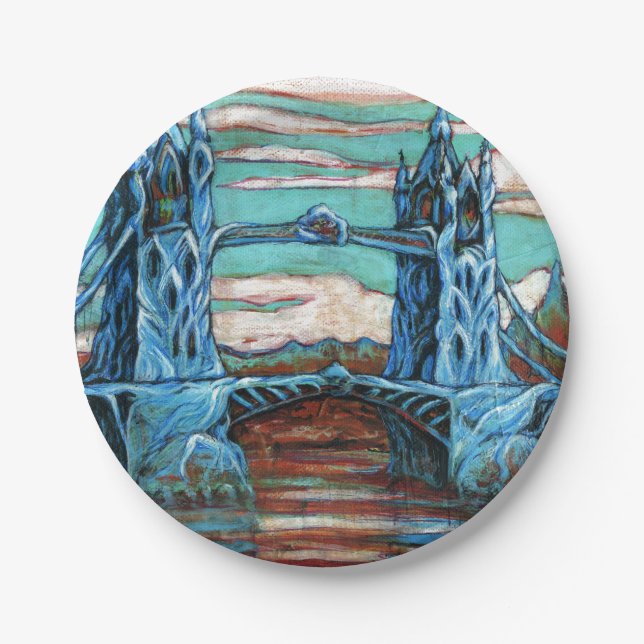 Plato De Papel Puente de torre en crecimiento en una ciudad de fa (Anverso)