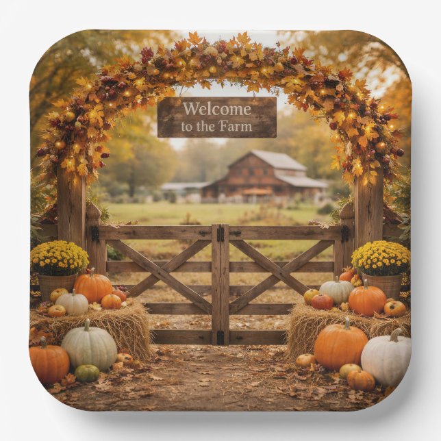 Plato De Papel Puerta de granja de otoño (Anverso)