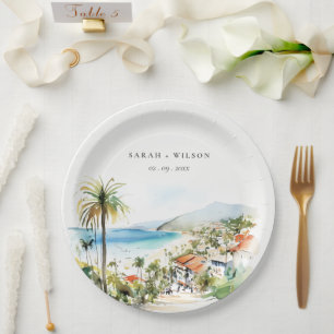 Plato De Papel Puerto Vallarta México paisaje acuarela Boda
