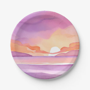 Plato De Papel Puesta de sol acuarela rosa Hermoso cielo oceáni