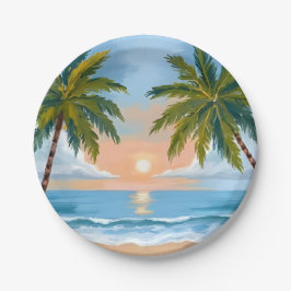 Plato De Papel Puesta de sol de palmera | Boda en playa tropical