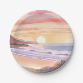 Plato De Papel Puesta de sol en el mar rosado | Pintura en acuare