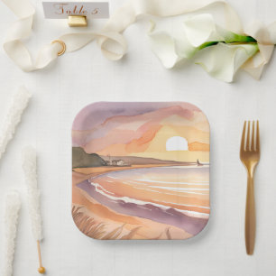 Plato De Papel Puesta de sol en la playa en acuarela Hermosa pi