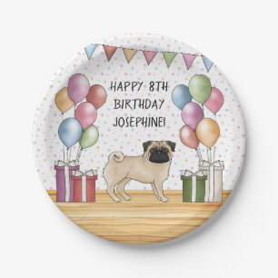 Plato De Papel Pug cervato Perros Pasteles Coloridos Feliz Cumple