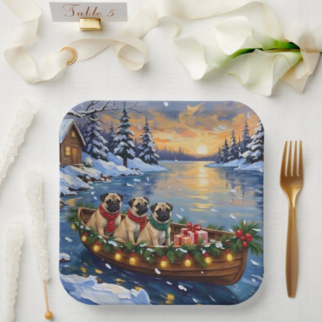 Plato De Papel Pug Christmas Boat Holiday (Boda)