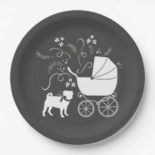 Plato De Papel Pug Dog Baby Shower Gris Puppy Género Neutral