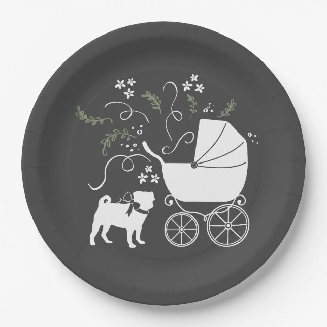 Plato De Papel Pug Dog Baby Shower Gris Puppy Género Neutral (Anverso)