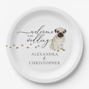 Plato De Papel Pug Dog Bienvenidos al set de bodas