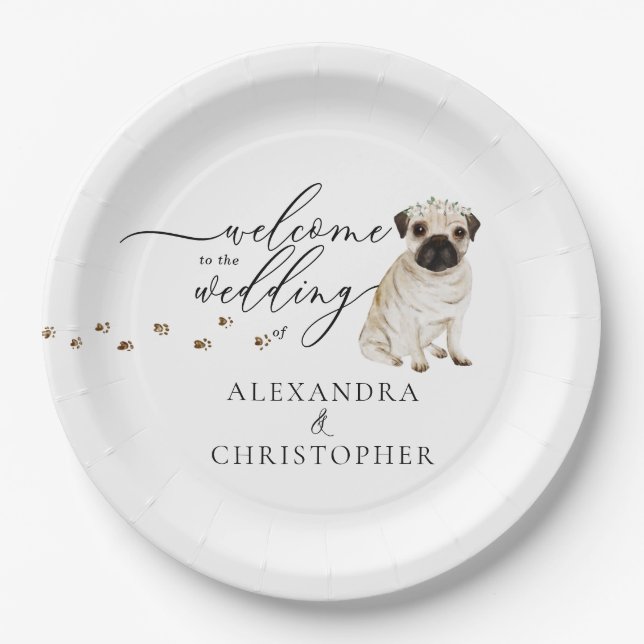 Plato De Papel Pug Dog Bienvenidos al set de bodas (Anverso)