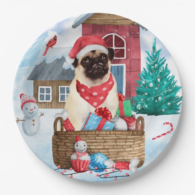 Plato De Papel Pug Dog In snow Christmas Dog House (Anverso)