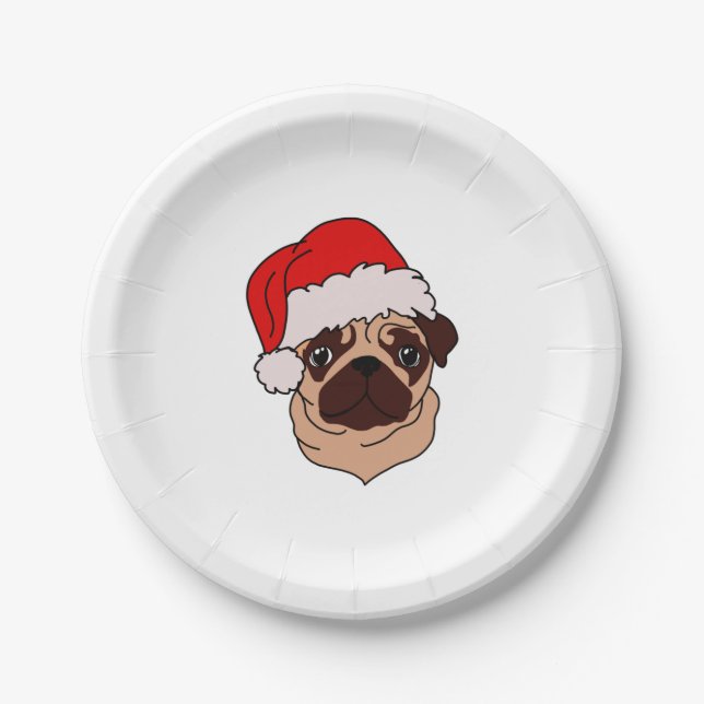 Plato De Papel Pug en gorra de Navidades (Anverso)
