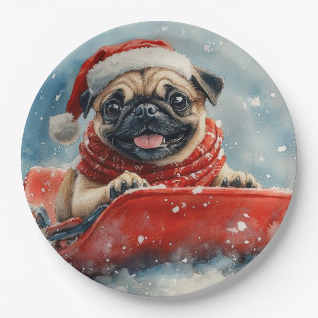 Plato De Papel Pug en Trineo Deja que Nieve Navidad (Anverso)