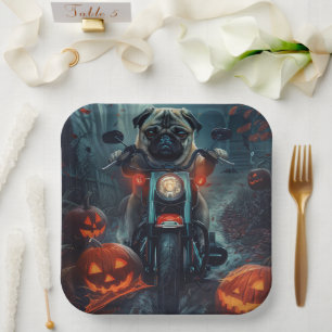 Plato De Papel Pug montando motocicleta Halloween aterrador