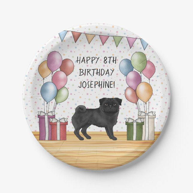 Plato De Papel Pug negro Coloridos pasteles Feliz cumpleaños (Anverso)