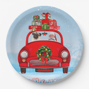 Plato De Papel Pug Perro En El Auto Con Santa Claus
