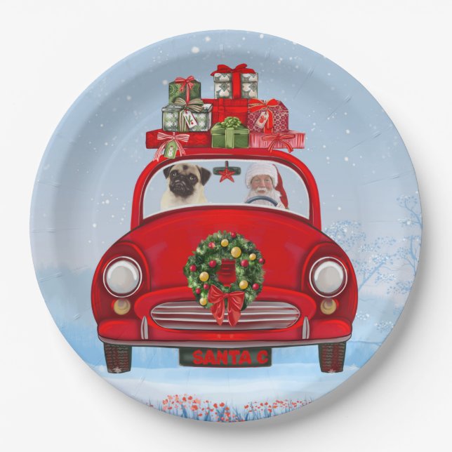 Plato De Papel Pug Perro En El Auto Con Santa Claus (Anverso)