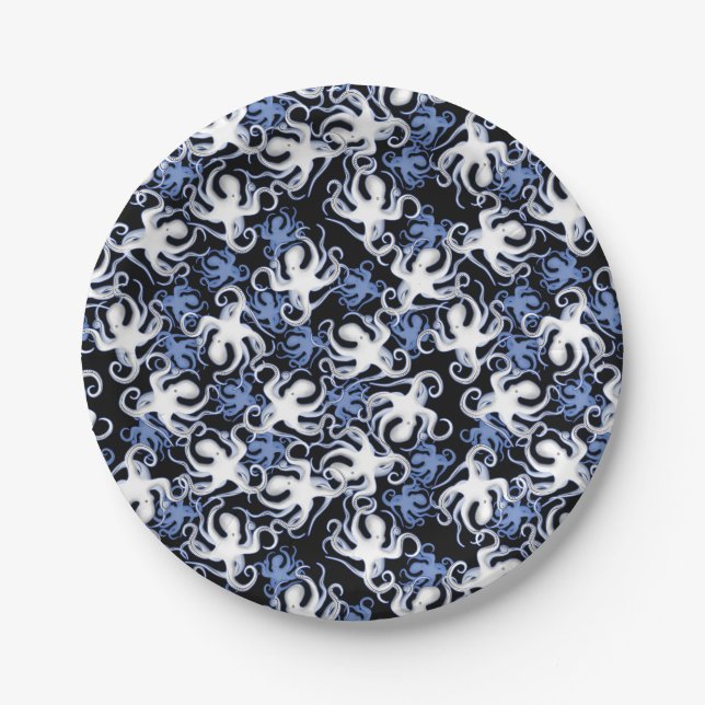 Plato De Papel Pulpito azul, blanco y negro Patrón continuo (Anverso)