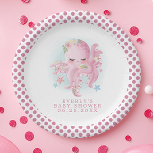 Plato De Papel Pulpo Dulce Rosa Acuarela Fiesta de Bebé Niña