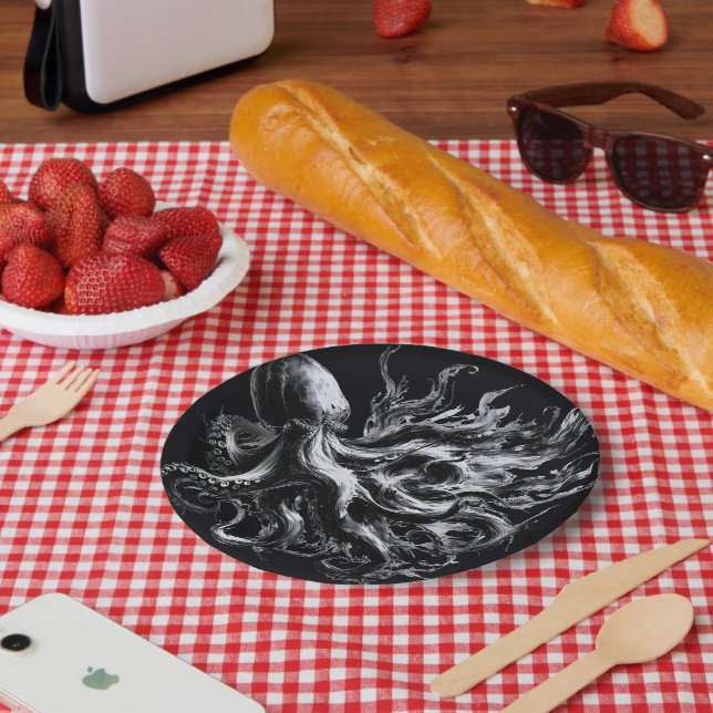 Plato De Papel Pulpo Kraken de fluido de tinta abstracta (Picnic)