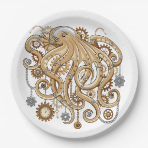 Plato De Papel Pulpo Steampunk Retro Fantasía Mecánica