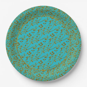 Plato De Papel Pulverización floral,PLACAS FIESTAS ORO-ACUA DE 6