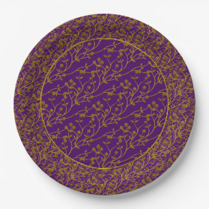 Plato De Papel Pulverización floral,PLACAS FIESTAS ORO-PURPLE 6 P