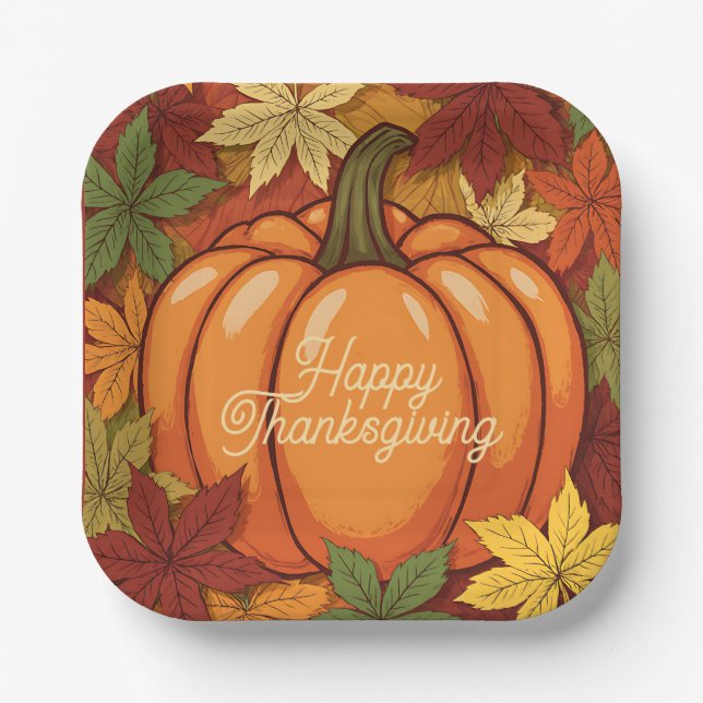 Plato De Papel Pumpkin and Leaves Thanksgiving (Anverso)