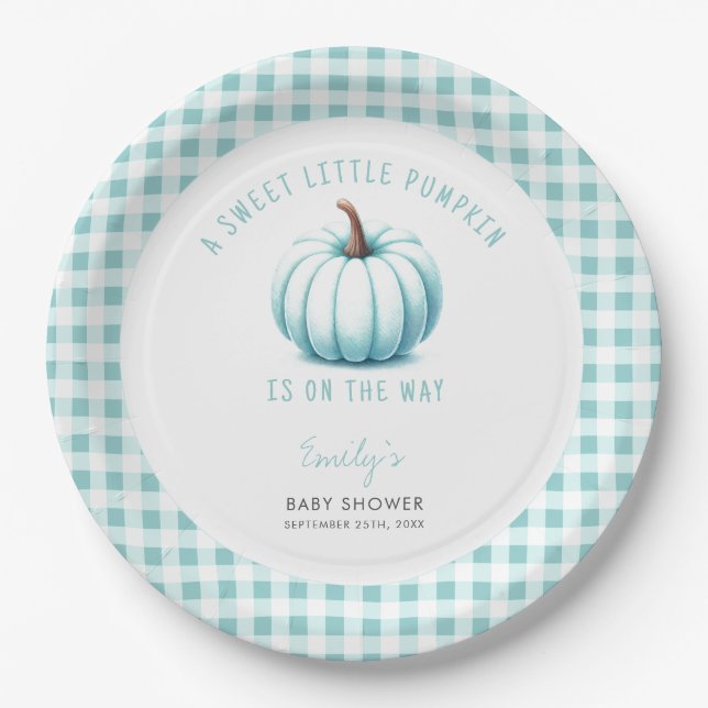 Plato De Papel Pumpkin Blue Gingham Plaid Boy Baby Shower (Anverso)