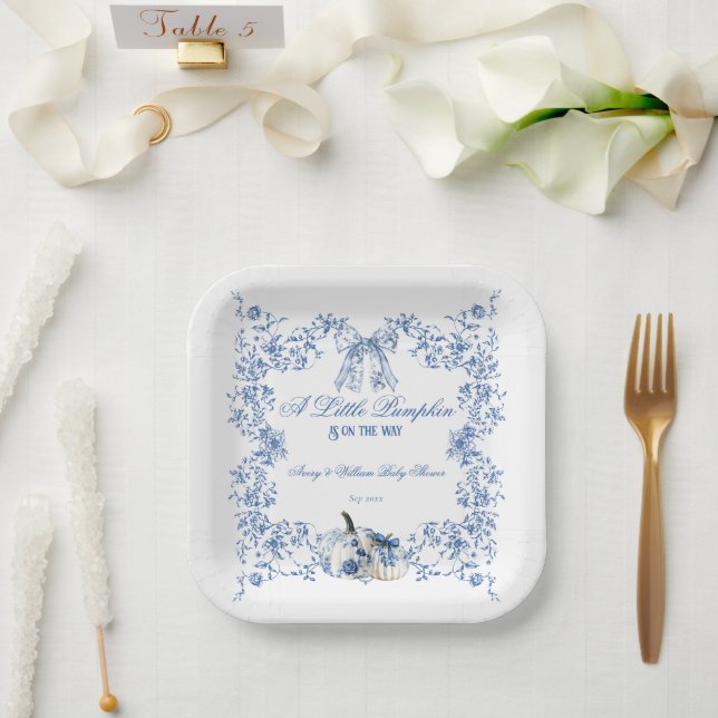Plato De Papel Pumpkin Dusty Blue Whimsical Floral Baby Shower (Boda)