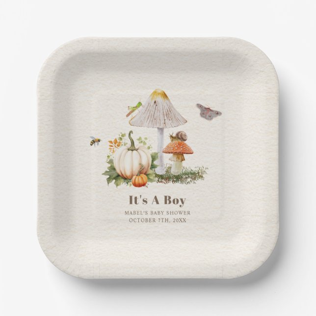 Plato De Papel Pumpkins Mushroom Woodland Insectos Boy Baby Showe (Anverso)