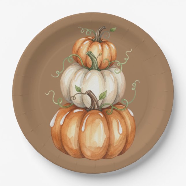 Plato De Papel Pumpkins Thanksgiving Watercolor (Anverso)