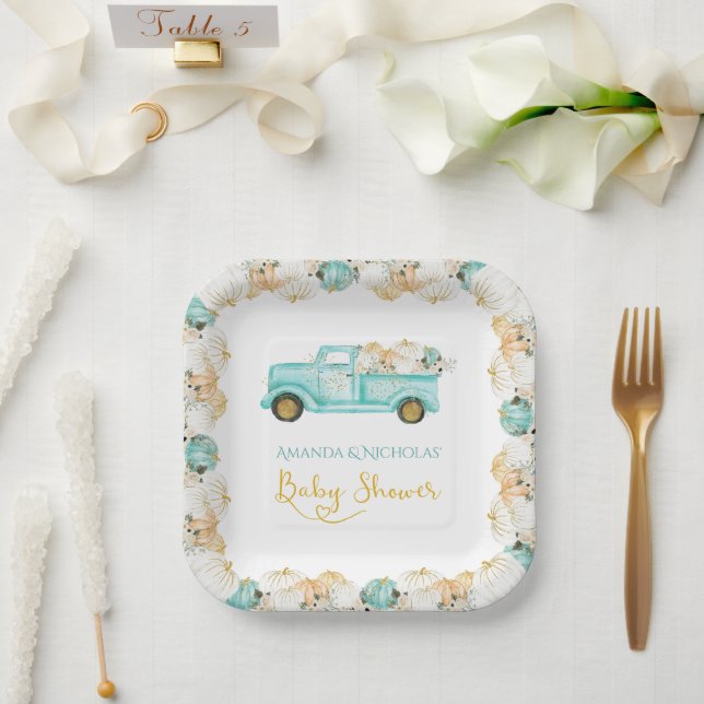 Plato De Papel Pumpkins Truck Green Gold Baby Shower (Boda)