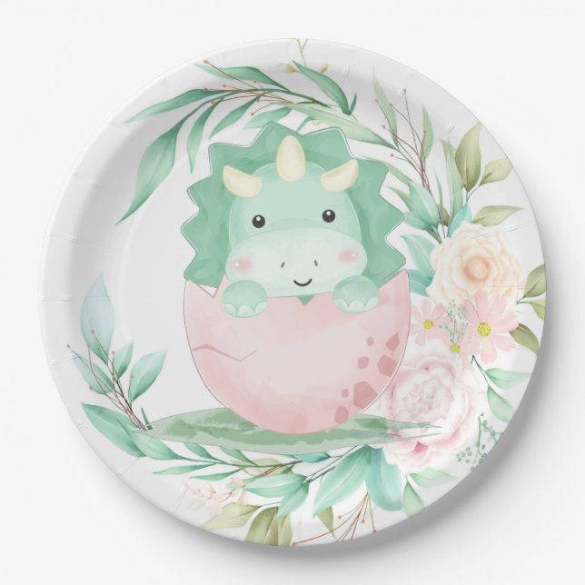 Plato De Papel Punk verde lindo dinosaurio Peony Baby Shower (Anverso)