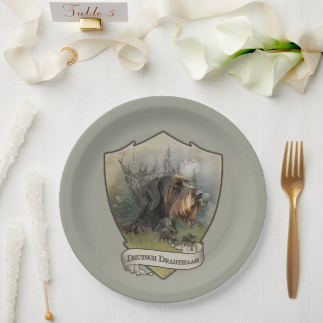Plato De Papel Puntero cableado alemán, caza de jabalíes (Boda)
