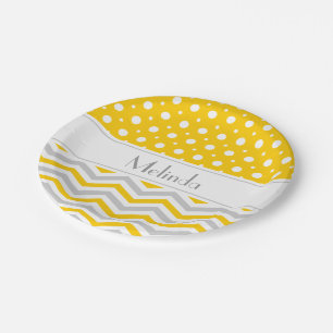 Plato De Papel Punto amarillo moderno, gris, chevron blanco y pol