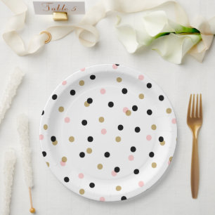 Plato De Papel Punto de confetti rosado y dorado negro